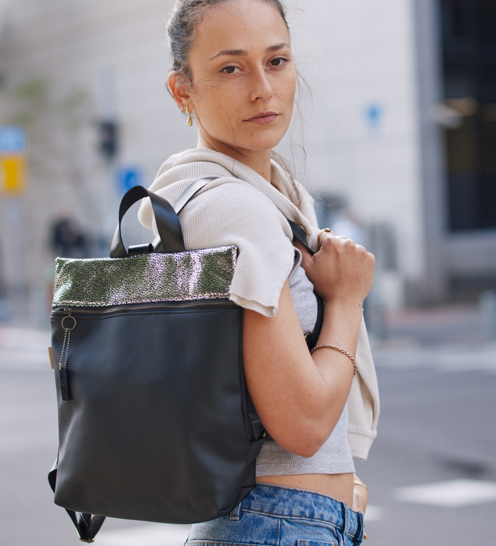 מיני מלבן נצנצים כסוף כהה ושחור