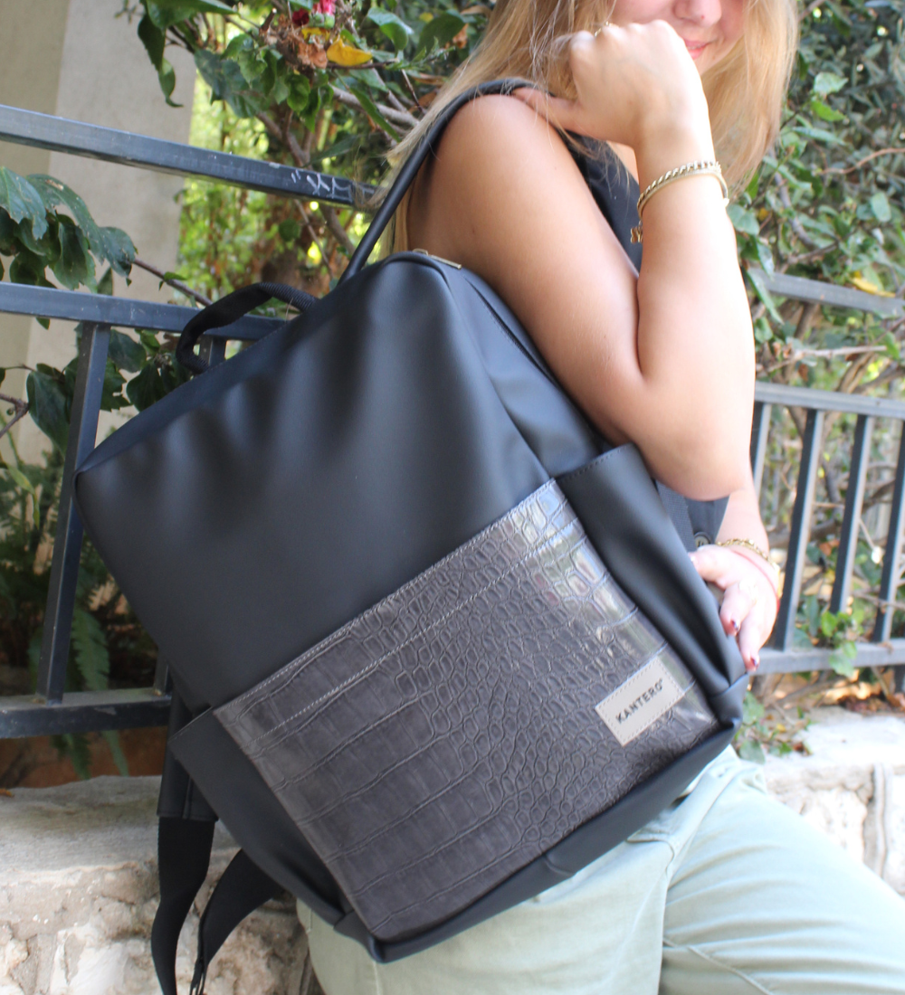 תיק גב וייז קרוקו אפור מבריק ושחור